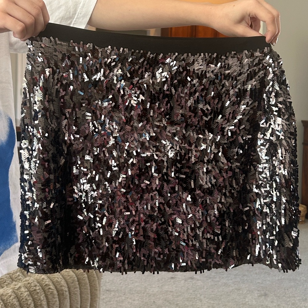 Express Black and Silver Sequin Midi Skirt